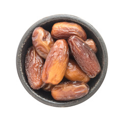 Dried Dates in Round Bowl Isolated on White Background Top View
