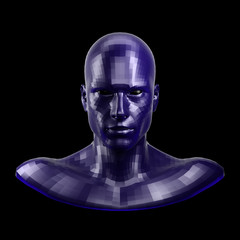 3D rendering. Faceted blue robot face with black eyes looking front on camera.
