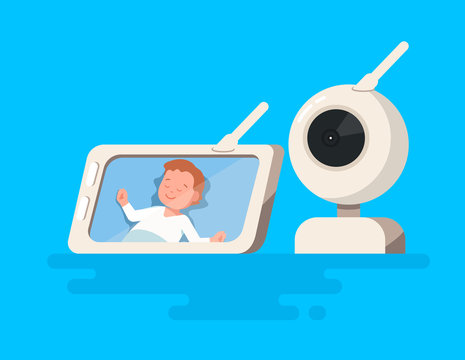 Vector Illustration Of Video Baby Monitor With Child Sleeping In Baby Cot Show On The Screen Gadget On Blue Background In Flate Style. Child Safety At Home