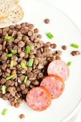 Green lentil with homemade sausage