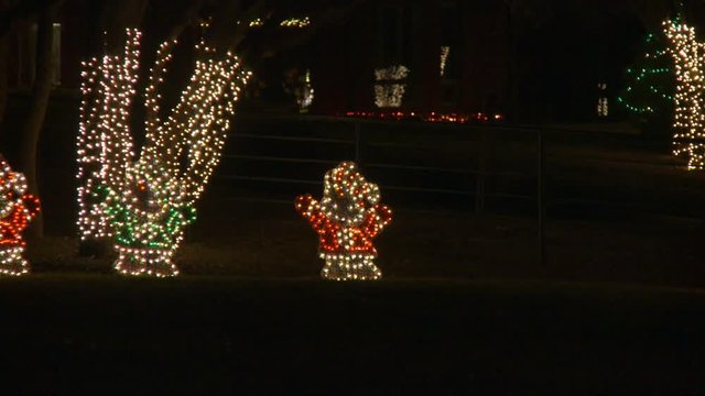 Zoom-out on small lighted figures, light-wrapped tree trunks, and Christmas trees to a wide view of a holiday light festival