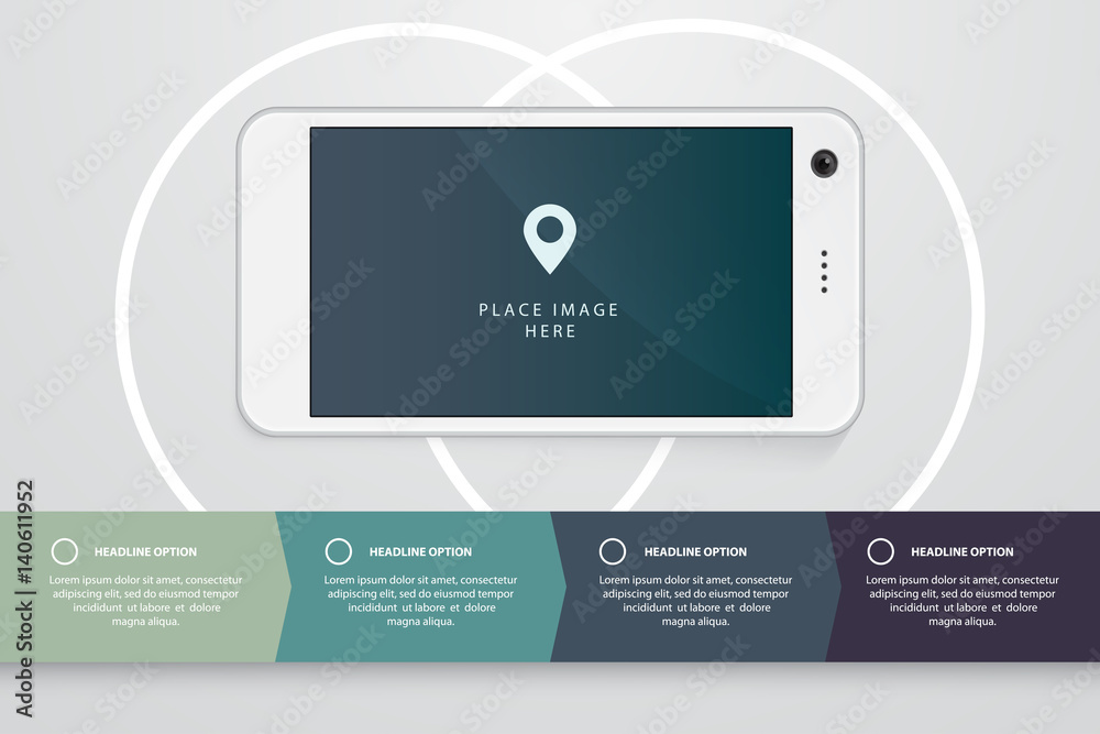 Aufkleber smartphone realistic illustration with flat infographics elements. template for website, business pr