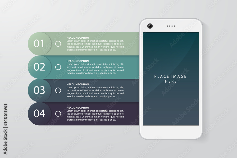 Poster smartphone realistic illustration with flat infographics elements. template for website, business pr