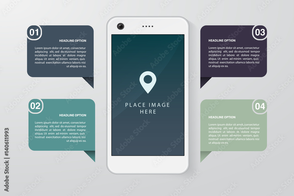 Aufkleber smartphone realistic illustration with flat infographics elements. template for website, business pr