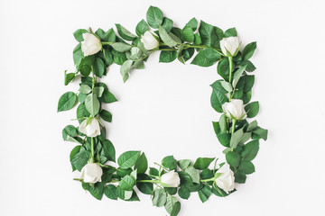 Fototapeta premium Flowers composition. Frame made of fresh rose flowers. Flat lay, top view