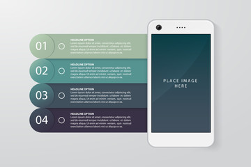 Smartphone realistic illustration with flat infographics elements. Template for website, business presentation, demonstration of mobile application development. Vector eps 10.