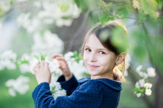 Adorable little girl in blooming apple tree garden. Cute child near apple tree at spring.