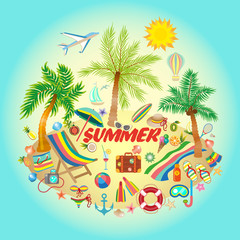 Illustration on a summer holiday theme with paradise island on sea background.