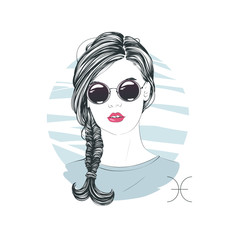 Zodiac: Illustration of Pisces zodiac sign as a beautiful girl. Vector zodiac illustration. Comic style fashion illustration.