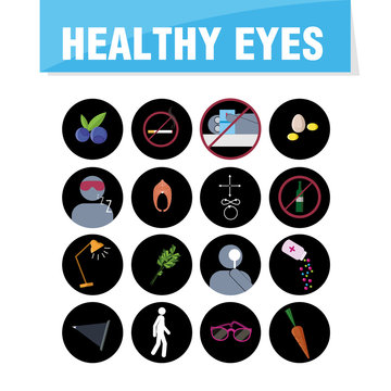 Healthy eyes icons. Food, suggestions, exercises. Vector clip art illustration.