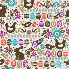 Seamless  pattern with color easter eggs, rabbit, flowers and hen.Ideal for printing onto fabric and paper or scrap booking, vector illustration