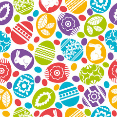 Seamless  pattern with color easter eggs, flowers and rabbit.Ideal for printing onto fabric and paper or scrap booking, vector illustration