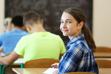 Student with group of classmates in classroom