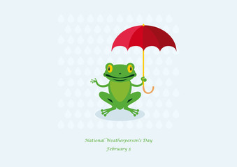 Obraz premium National Weatherperson's Day vector. Frog with umbrella cartoon character. Important day