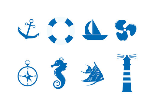 Marine icon set vector. Collection of blue sailor icons