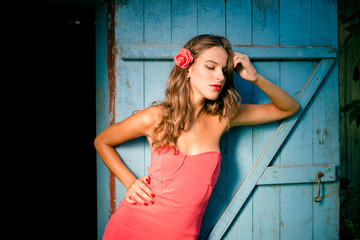 Obraz na płótnie Canvas Sexy glamor attractive brunette woman fashion model over old barn wood door background, portrait