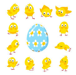 Set of funny Easter chickens and egg