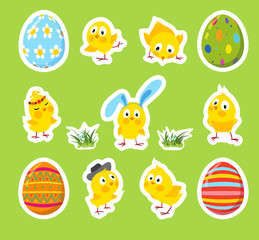 Set of Easter vector stickers with chicks, eggs