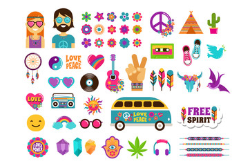 Hippie, bohemian design with icons set, stickers, pins, art fashion chic patches and badges - obrazy, fototapety, plakaty