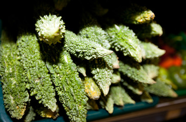 Close-up of fresh goyas in supermarket