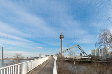 Pedestrian Bridge With Rhine Tower At Parlamentsufer Duesseldorf Media Harbor