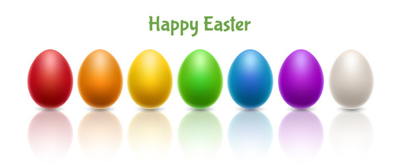 Horizontal banner with realistic, colorful Easter eggs, isolated on white, with reflection.