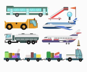 Airport passenger service vehicles and planes vector vector icons