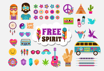 Fototapeta premium Hippie, bohemian design with icons set, stickers, pins, art fashion chic patches and badges