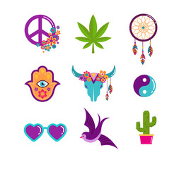 Hippie, bohemian design with icons set, stickers, pins, art fashion chic patches and badges