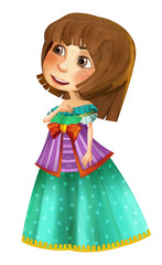 cartoon medieval character beautiful princess standing looking around and smiling isolated