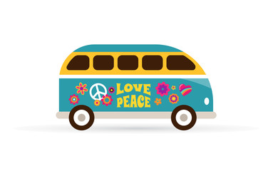Hippie, bohemian blue van - love and peace