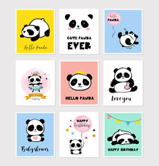 Cute Panda bear illustrations, collection of colorful simple style birthday greeting cards, posters