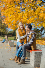 Fototapeta na wymiar Happy woman sitting on man's lap at park during autumn
