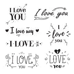 Phrase I love you. Hand drawn lettering set.