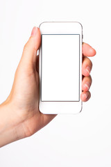 Hand and Smartphone on White Background