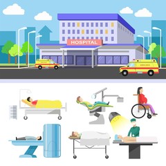 Hospital building and medical patients icons vector flat set
