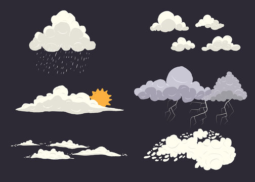 Cloud types vector set isolated on dark background with different nature states. Storm, cloudscape, sun, rain with top view