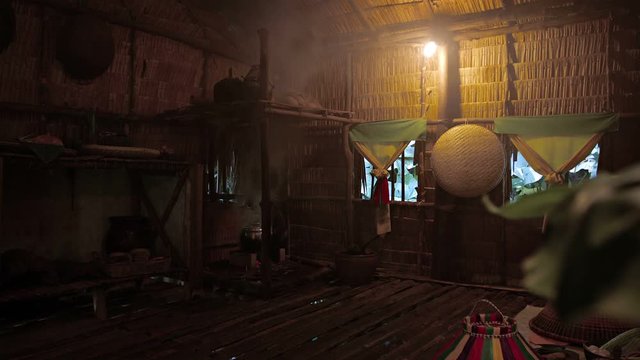 Borneo, Malaysia. Village. Interior of house without chimney