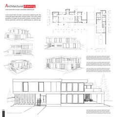 Blueprint drawing of 3D building. Vector architectural template background. EPS10