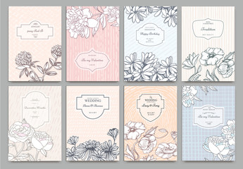Set of Isolated creative background cards. Hand drawn elements. Vector template banners for card, poster, invitation, flyer, party, wedding, brochure. Flower design collection - stock vector