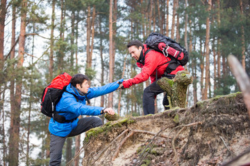 Young male hiker helping friend while trekking in forest