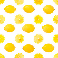Seamless background or pattern with Fresh yellow lemons and slices 