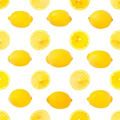 Fototapete Zitronen Nahtloser Hintergrund oder Muster mit frischen gelben Zitronen und Scheiben