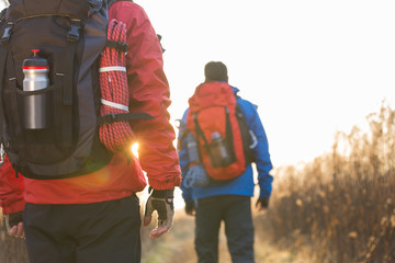 Rear view of male backpackers walking in field