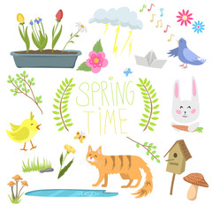 Spring natural floral symbols with blossom gardening tools beauty design and nature grass season branch springtime hand drawn elements vector illustration