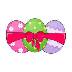 Three multicolored Easter eggs tied with one ribbon. The tape is tied with a bow