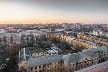 Cityscape sunset, aerial view from rooftop of Voronezh city, houses, dormitories