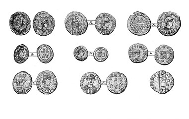 Vintage engraving of medieval coins of Ostrogothig kingdom, dating V and VI century