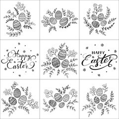 Set of lettering Happy Easter and decorative eggs