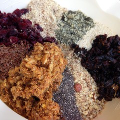 Photograph of plastic bowl filled with miled nuts and dried fruit